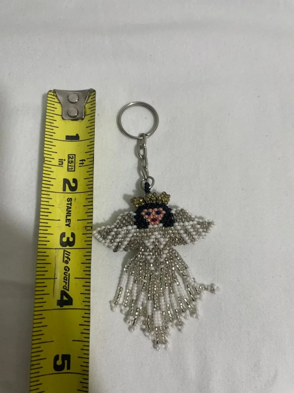 Handmade Beaded Angel Keychain White Silver Guardian Angel Charm Key Ring